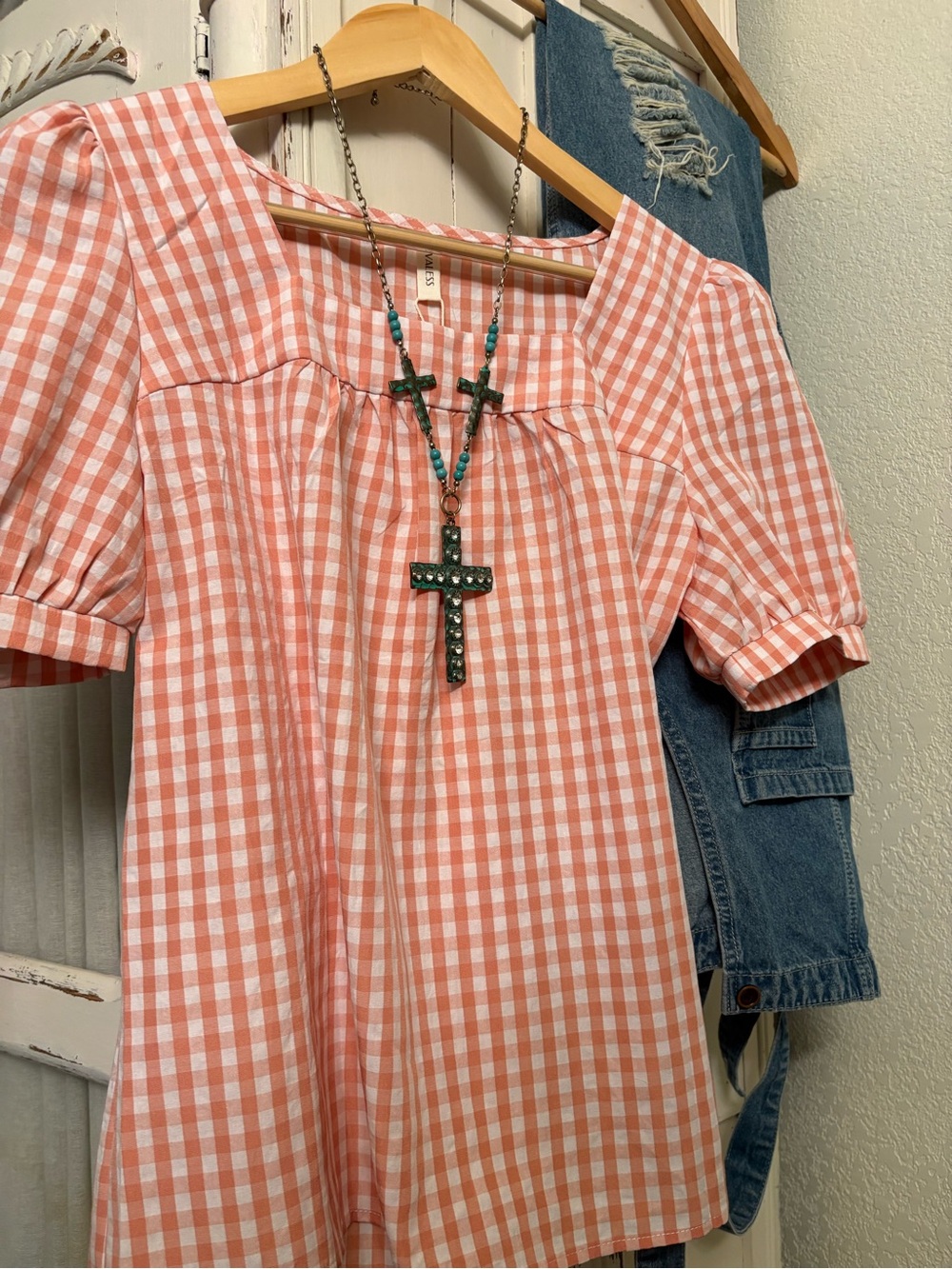 Peach Gingham Square Neck Top with Tag